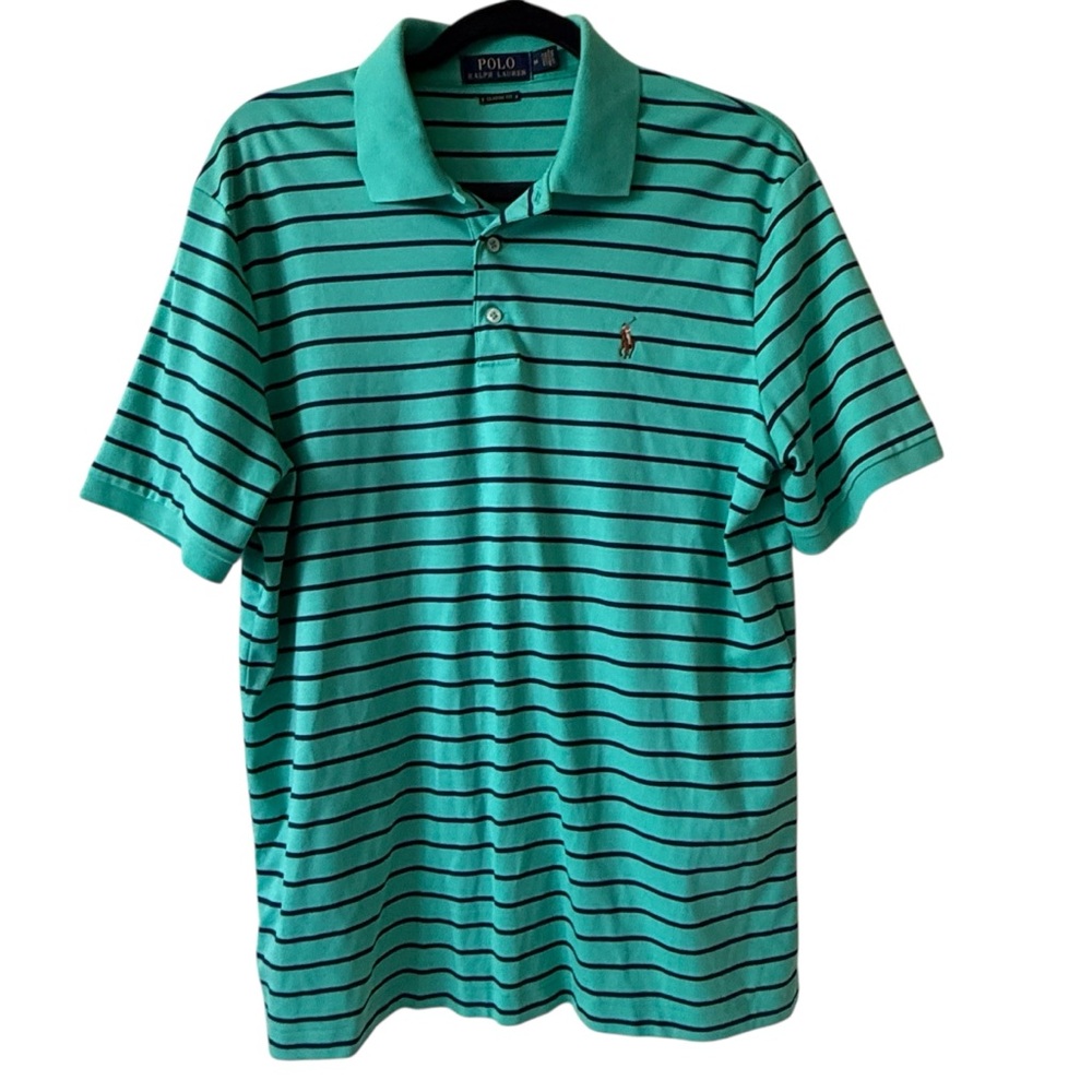 Polo Ralph Lauren Mens Polo Shirt Green Blue Stripe Classic Fit Cotton SZ M